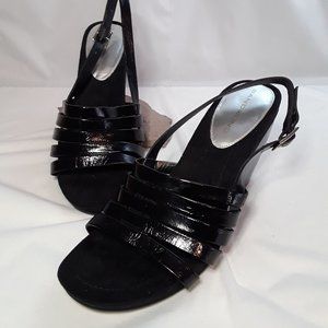 BANDOLINO Black Patent Leather Sling Back Platform Wedge Sandals SZ 8 -  NWOB